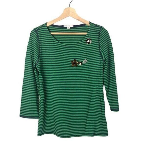 Isaac Mizrahi Live Green & Blue Striped Brooch Embellished Long Sleeve T-Shirt - Picture 1 of 6